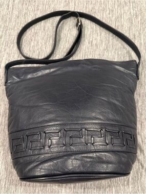 Navy Leather Shoulder Bag with Grecian Geometric Detail